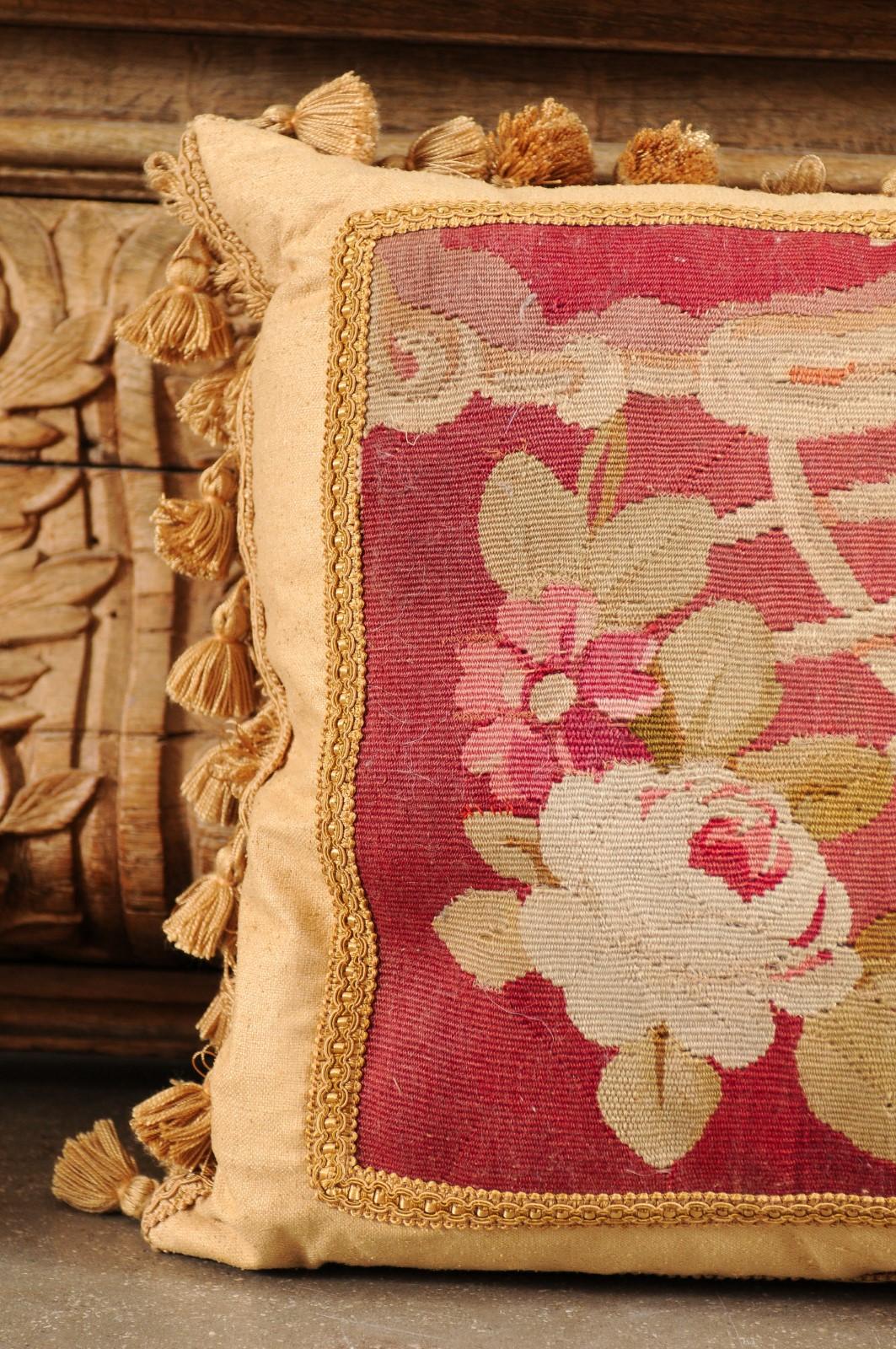 Woven French 19th Century Aubusson Tapestry Pillow with Floral Decor and Tassels For Sale