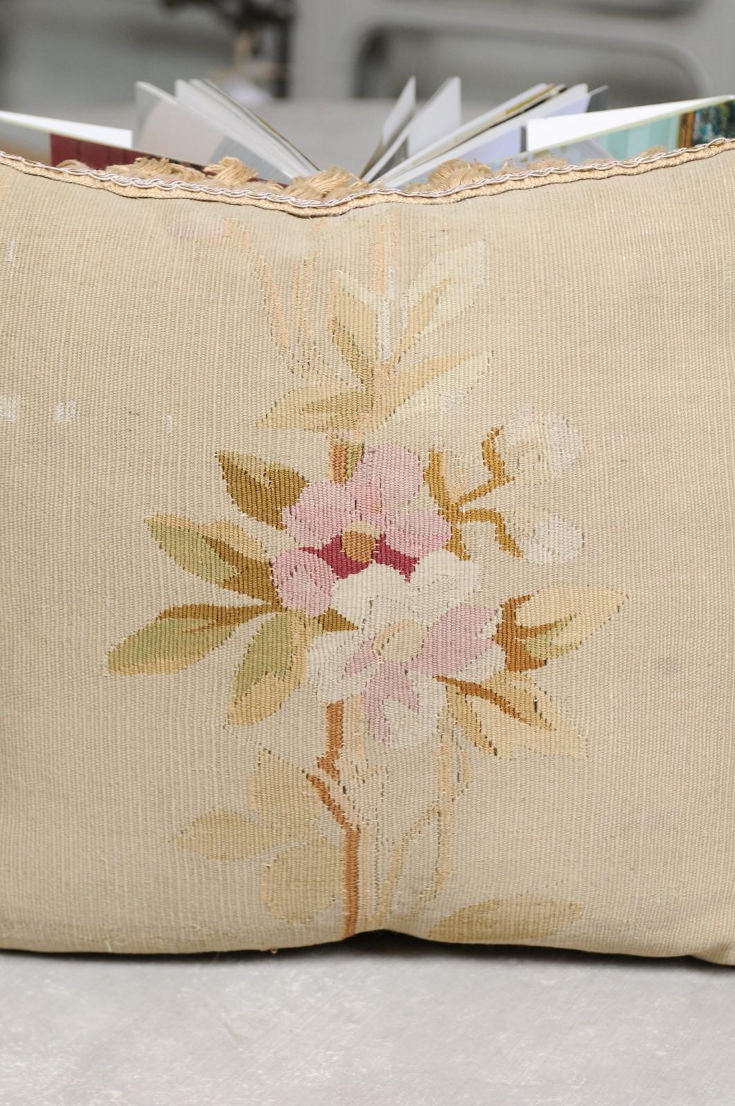 French 19th Century Aubusson Tapestry Pillow with Floral Decor and Tassels 1