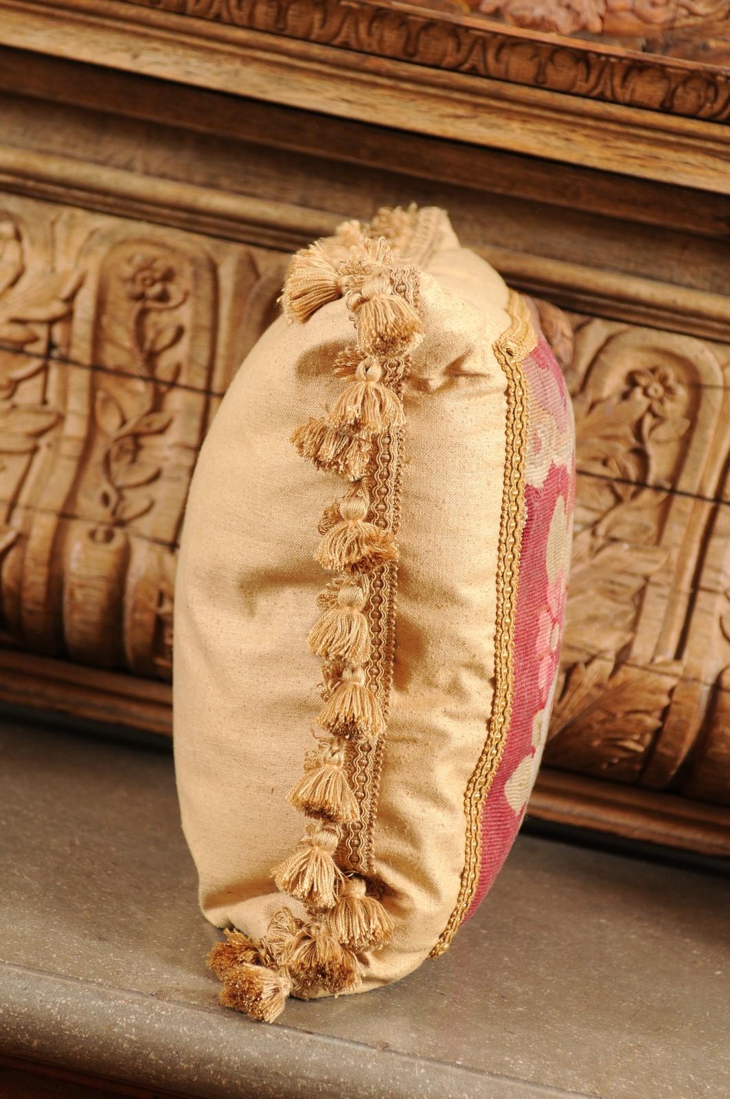 French 19th Century Aubusson Tapestry Pillow with Floral Decor and Tassels For Sale 1