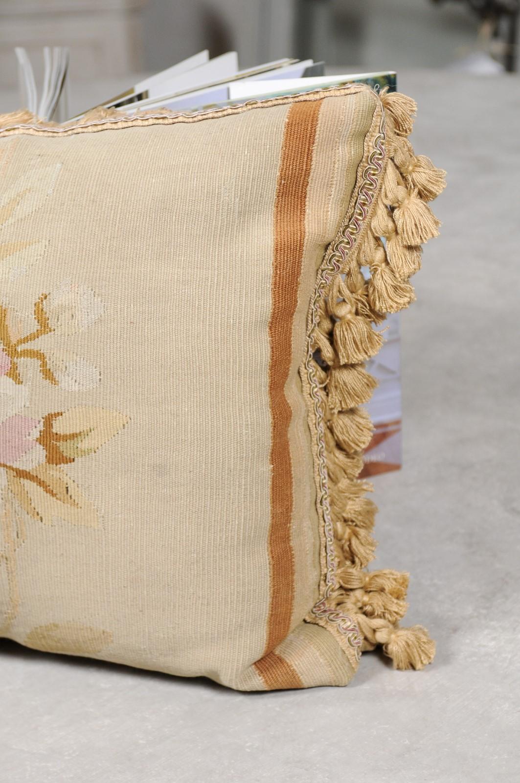 French 19th Century Aubusson Tapestry Pillow with Floral Decor and Tassels 2