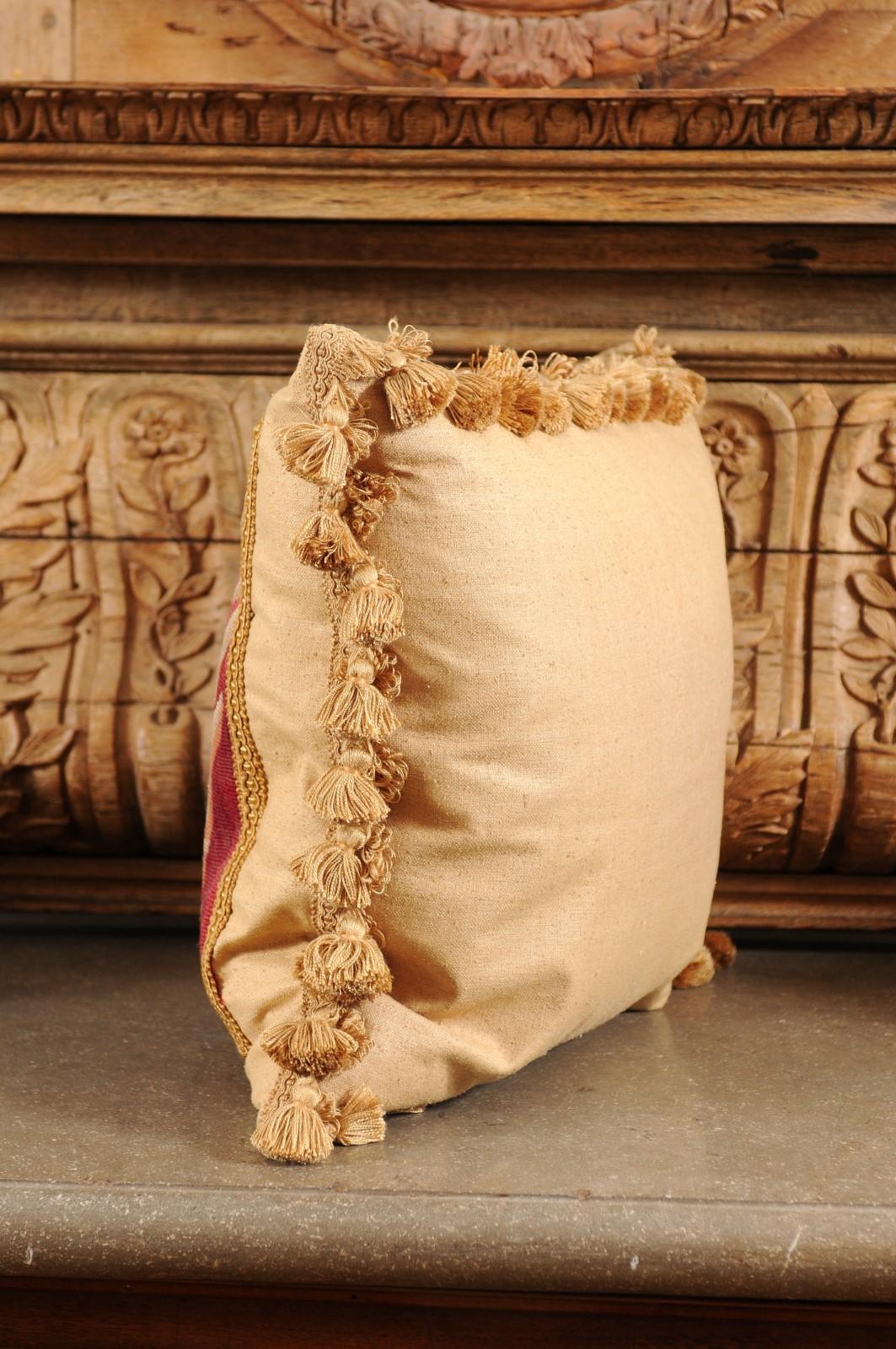 French 19th Century Aubusson Tapestry Pillow with Floral Decor and Tassels For Sale 3