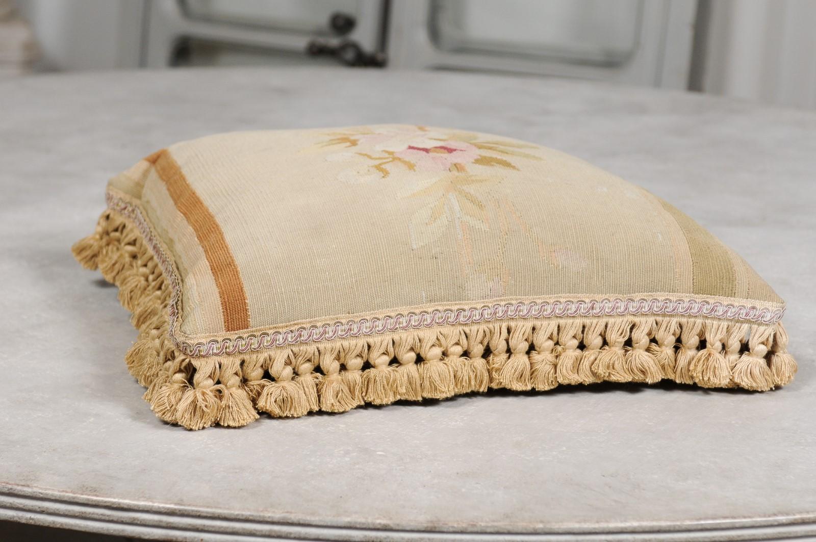 French 19th Century Aubusson Tapestry Pillow with Floral Decor and Tassels 4