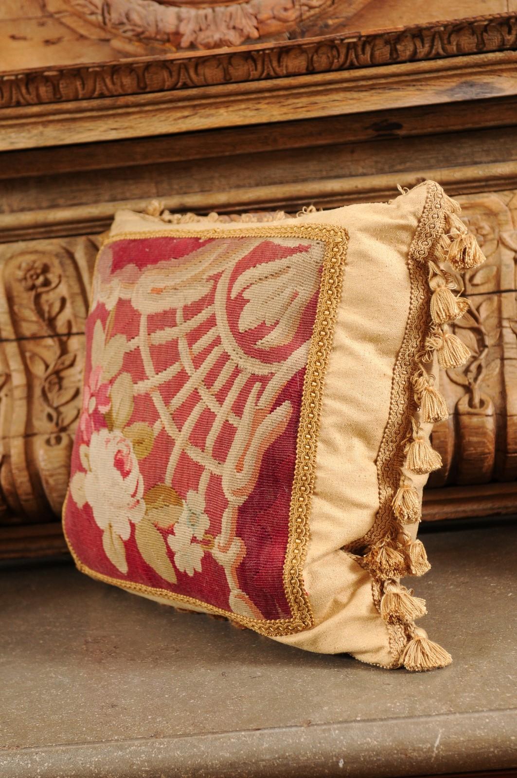 French 19th Century Aubusson Tapestry Pillow with Floral Decor and Tassels For Sale 4