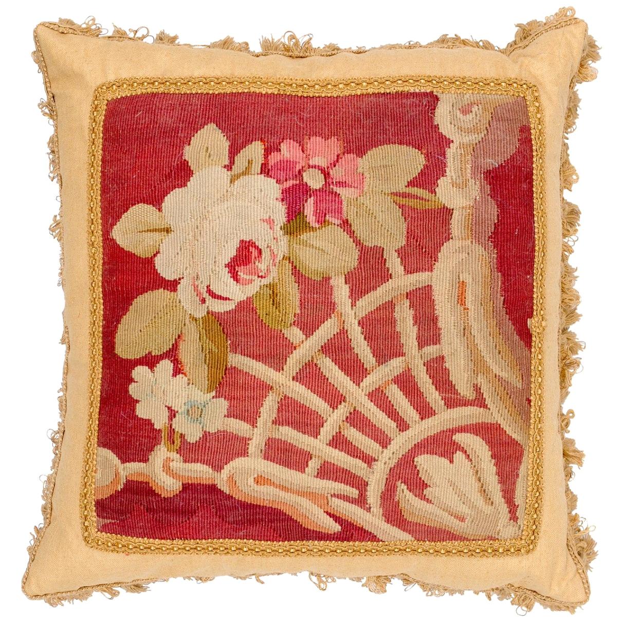 French 19th Century Aubusson Tapestry Pillow with Floral Decor and Tassels For Sale