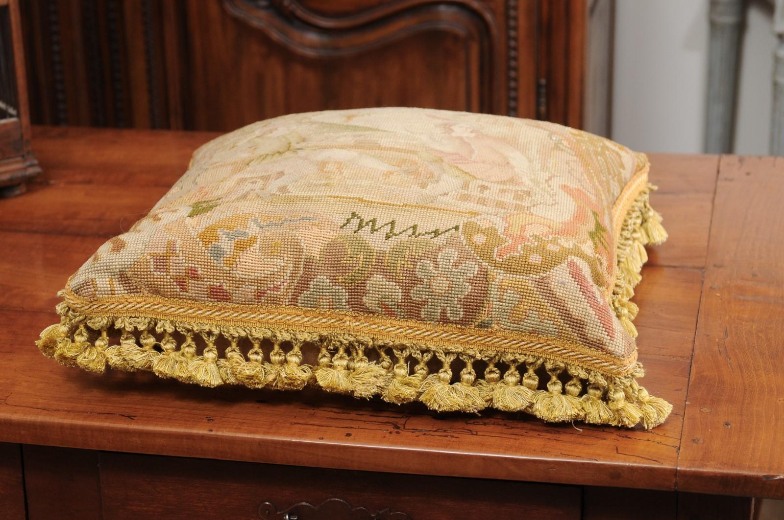 French 19th Century Aubusson Tapestry Pillow with Medieval Style Genre Scene For Sale 6