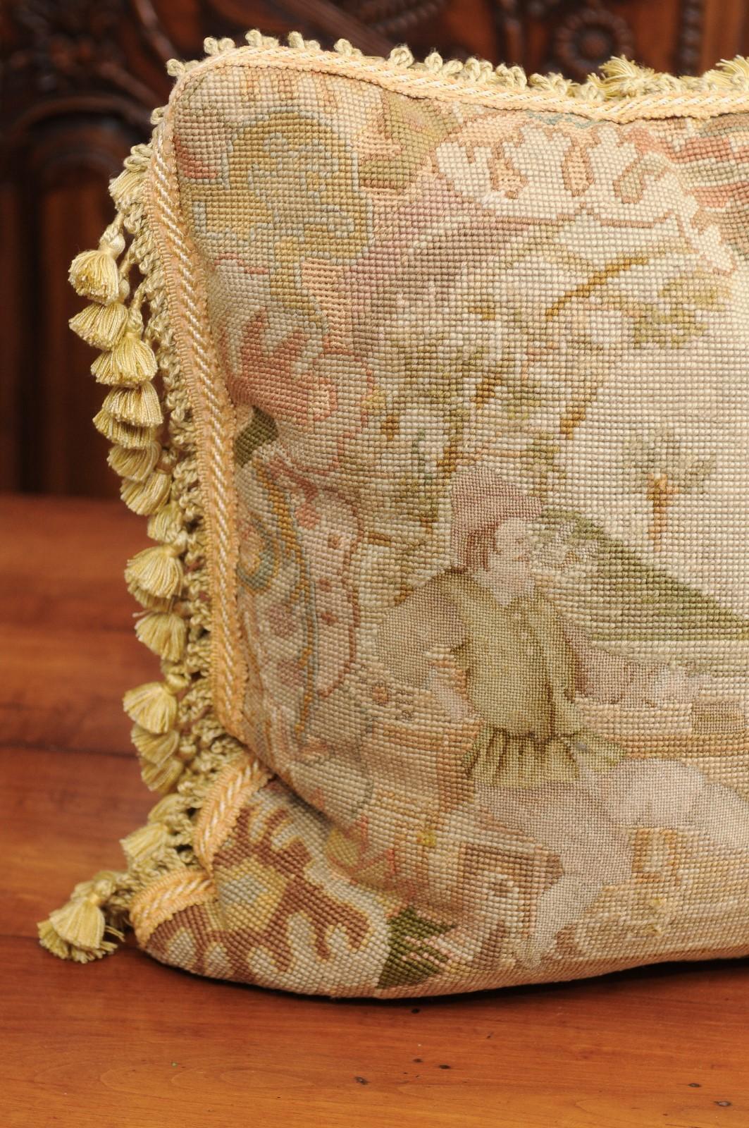 French 19th Century Aubusson Tapestry Pillow with Medieval Style Genre Scene In Good Condition For Sale In Atlanta, GA