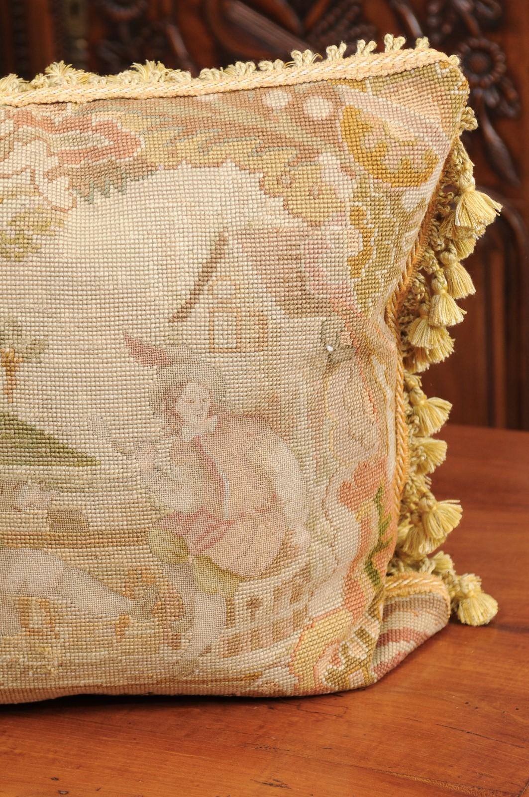 French 19th Century Aubusson Tapestry Pillow with Medieval Style Genre Scene For Sale 1
