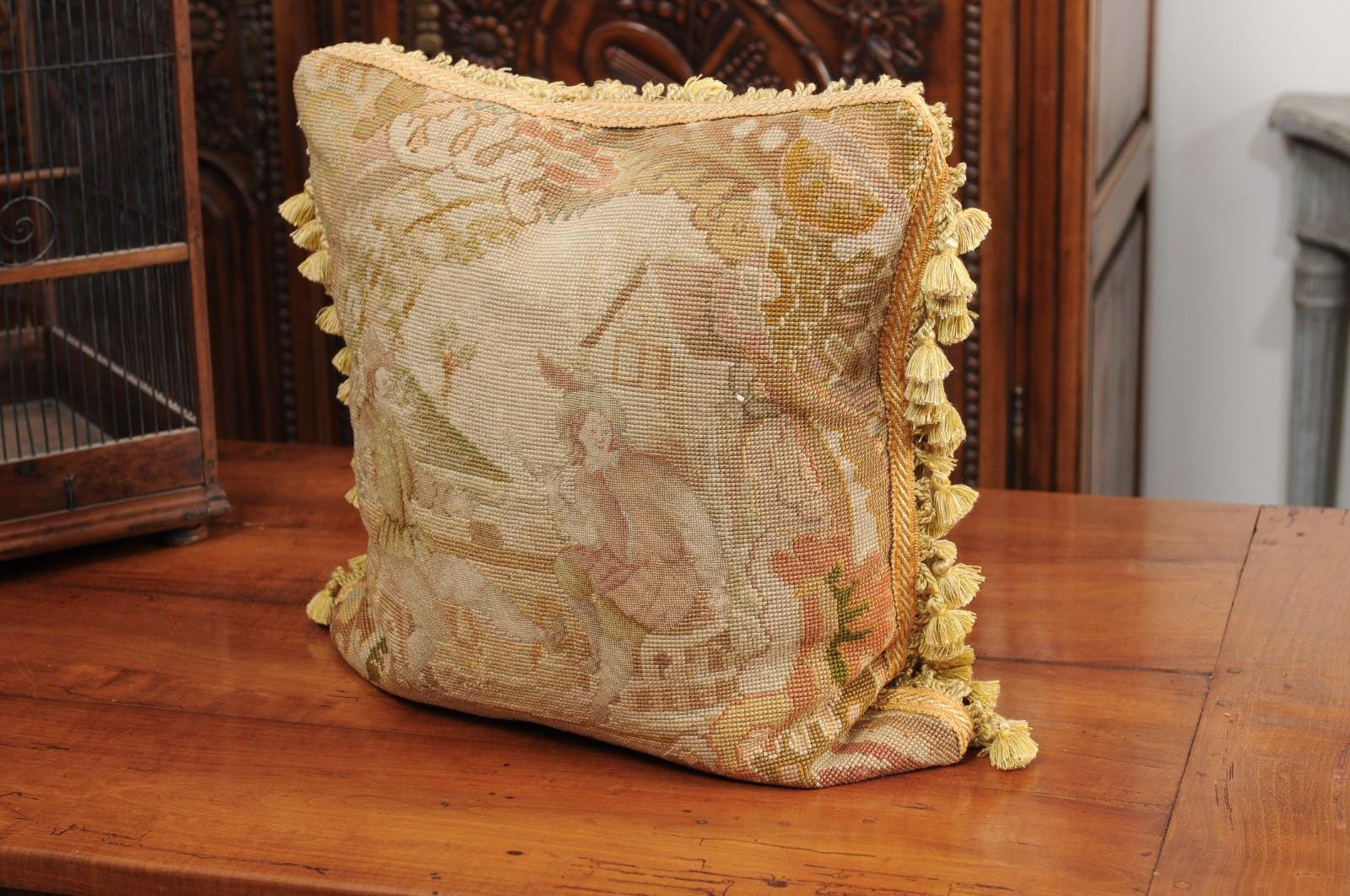French 19th Century Aubusson Tapestry Pillow with Medieval Style Genre Scene For Sale 5