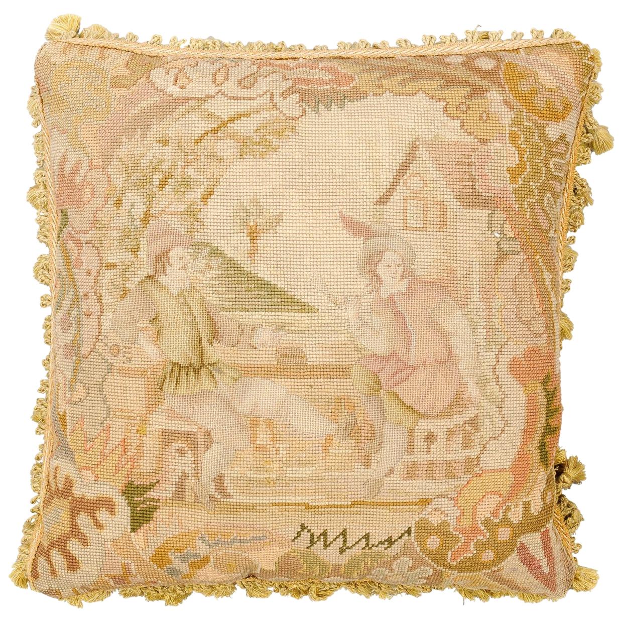 French 19th Century Aubusson Tapestry Pillow with Medieval Style Genre Scene For Sale
