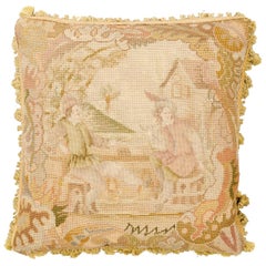 Coussin en tapisserie d'Aubusson du 19ème siècle avec scène de genre médiévale