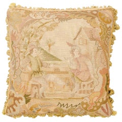 French 19th Century Aubusson Tapestry Pillow with Medieval Style Genre Scene