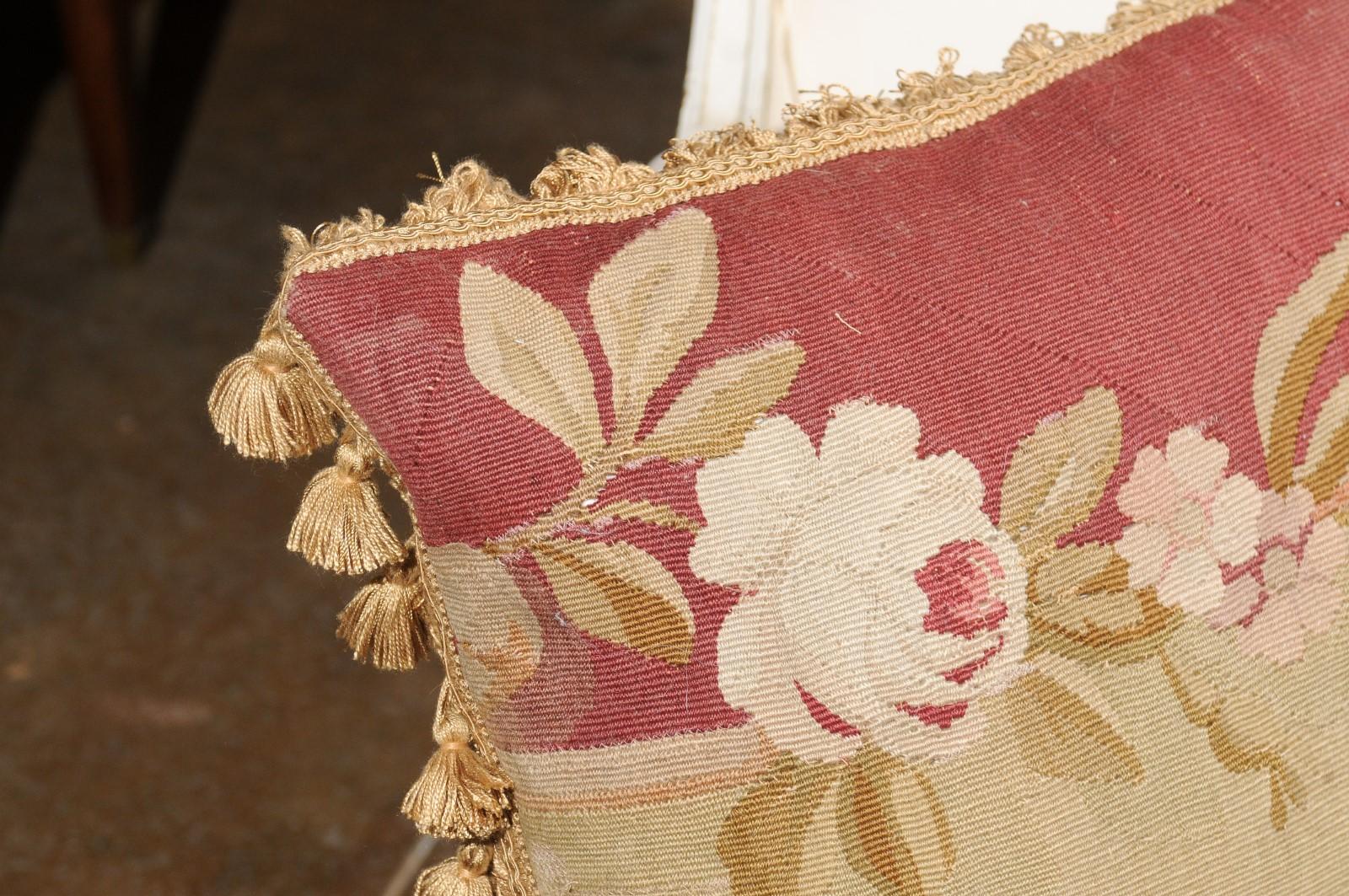French 19th Century Aubusson Tapestry Pillow with Rose and Tassels For Sale 5