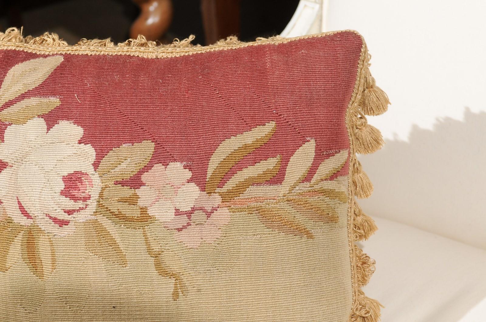 French 19th Century Aubusson Tapestry Pillow with Rose and Tassels For Sale 6