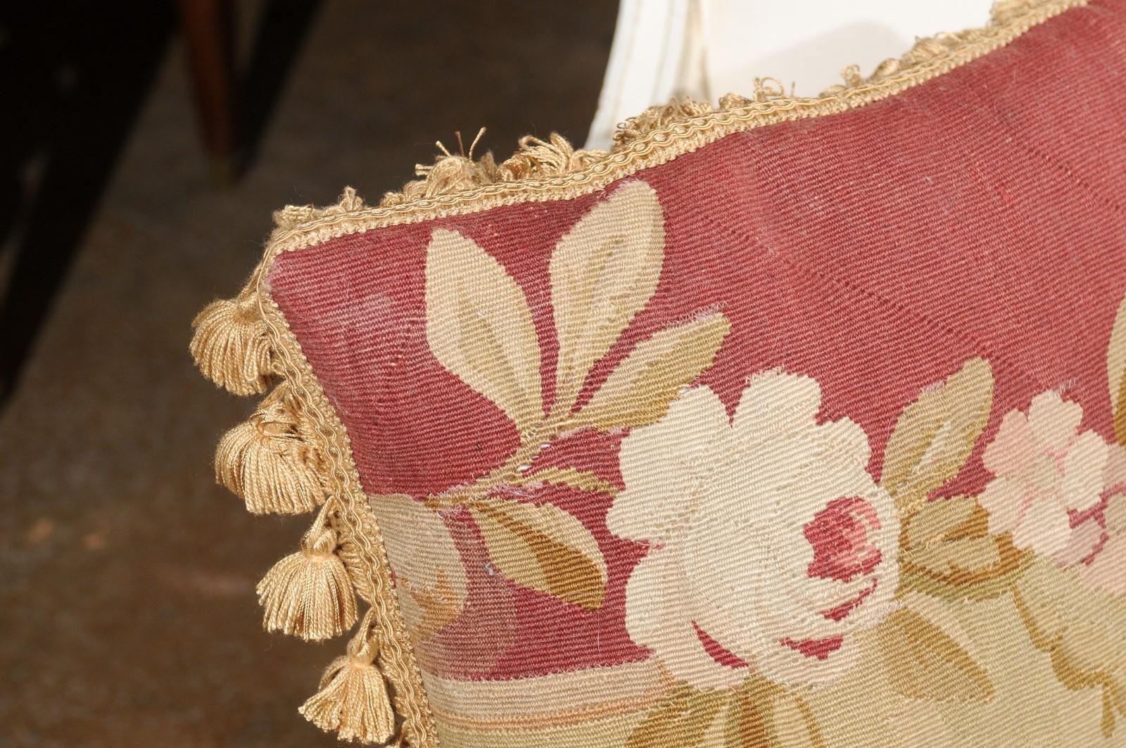 Woven French 19th Century Aubusson Tapestry Pillow with Rose and Tassels For Sale