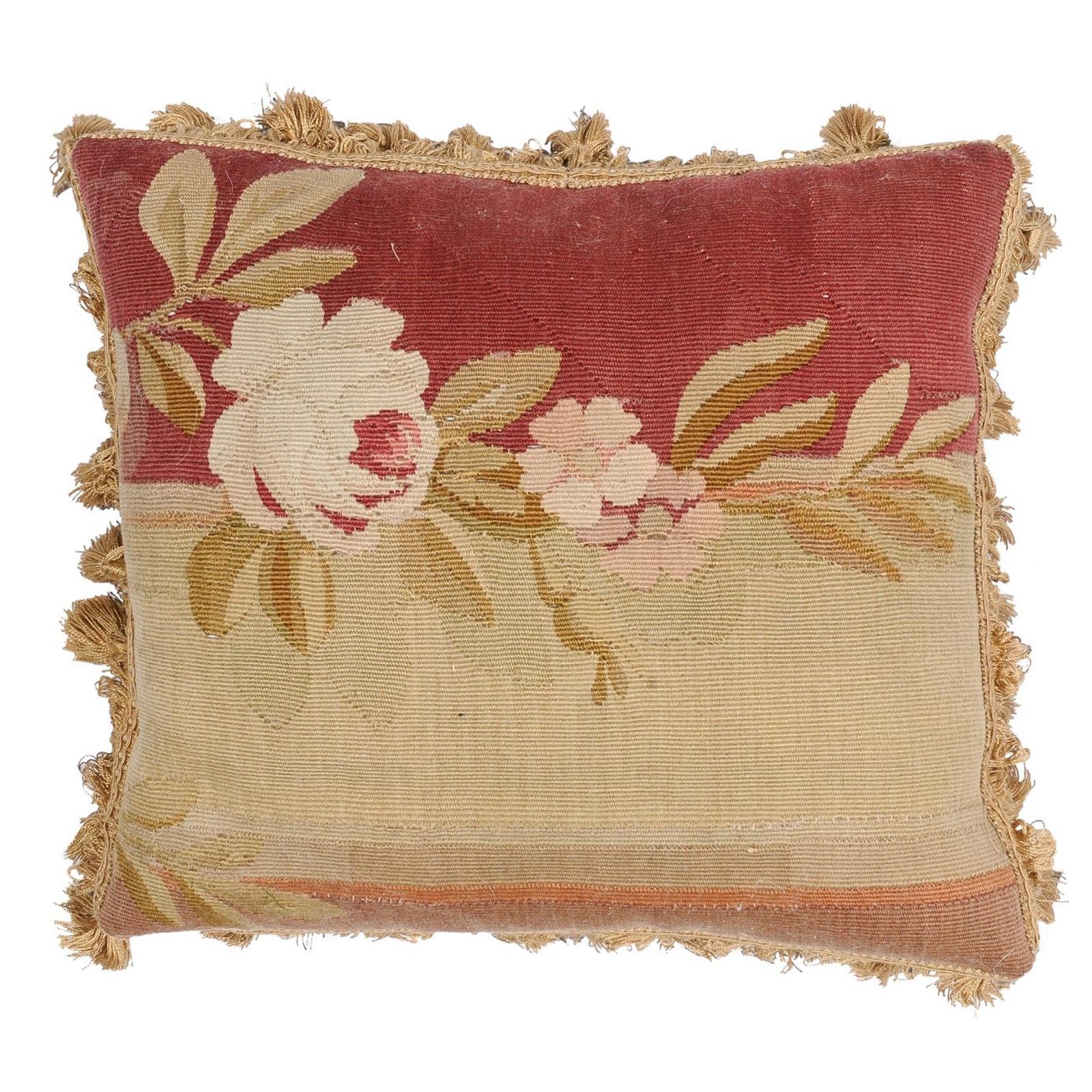 French 19th Century Aubusson Tapestry Pillow with Rose and Tassels For Sale