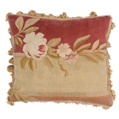 French 19th Century Aubusson Tapestry Pillow with Rose and Tassels