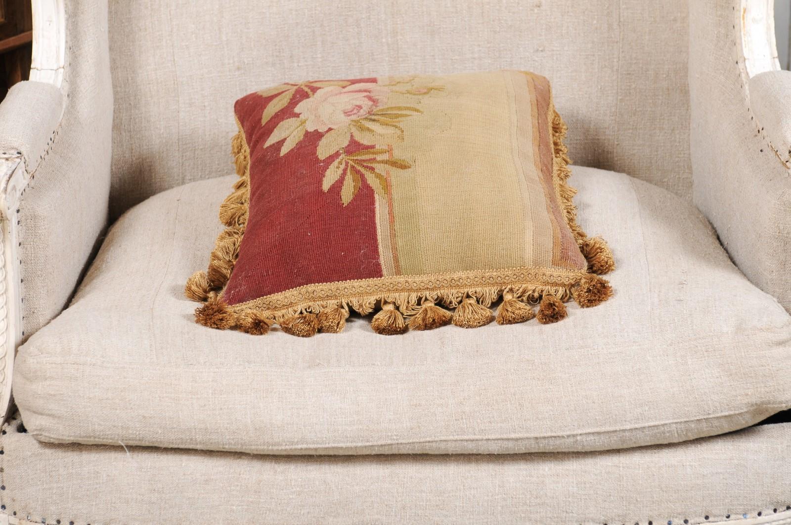 French 19th Century Aubusson Tapestry Pillow with Rose, Foliage and Tassels For Sale 8