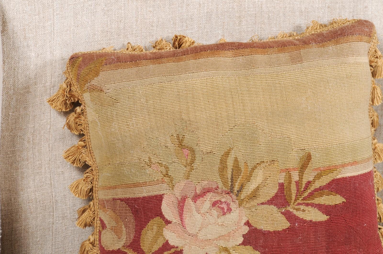 French 19th Century Aubusson Tapestry Pillow with Rose, Foliage and Tassels In Good Condition For Sale In Atlanta, GA