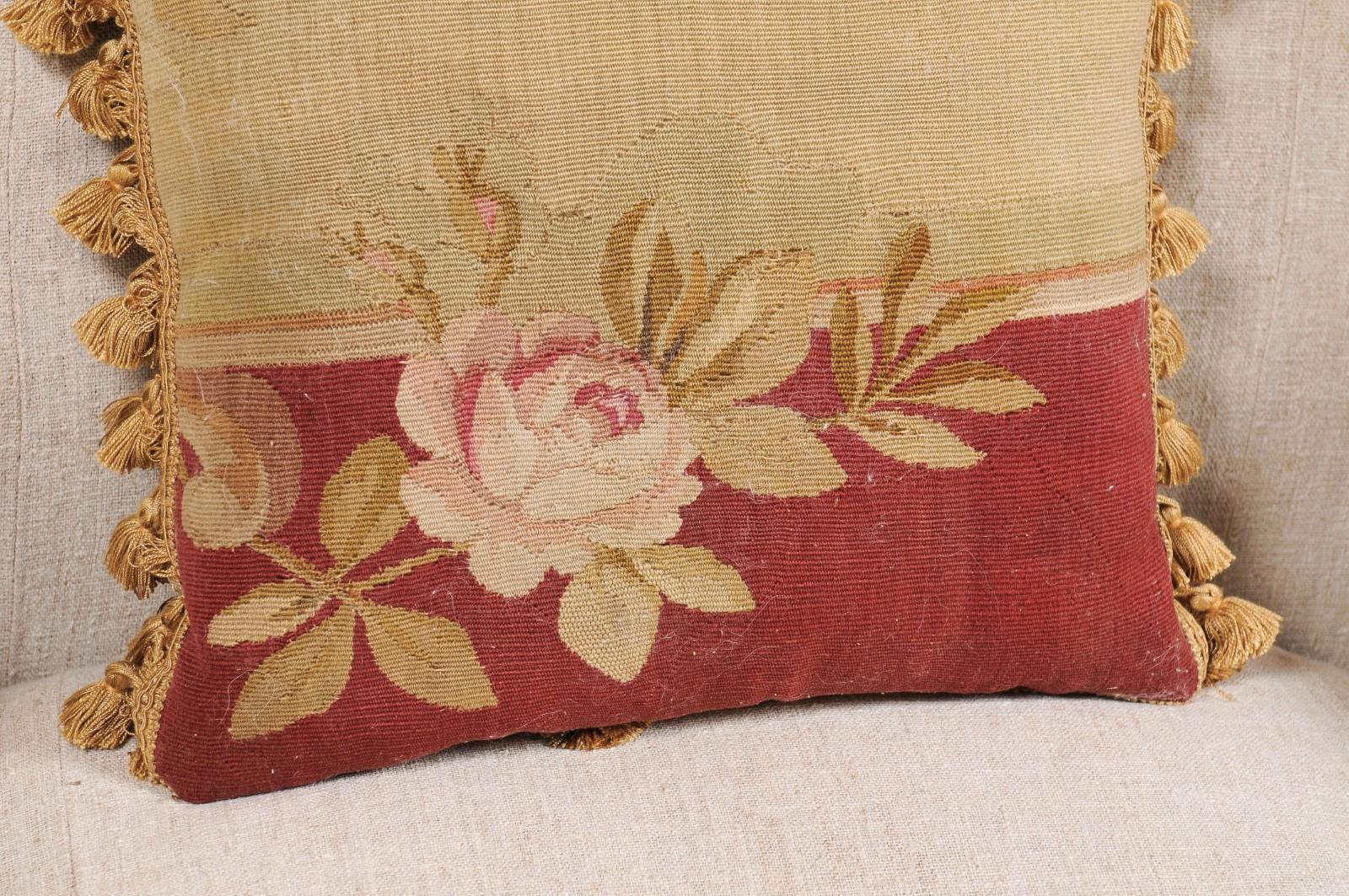 French 19th Century Aubusson Tapestry Pillow with Rose, Foliage and Tassels For Sale 1