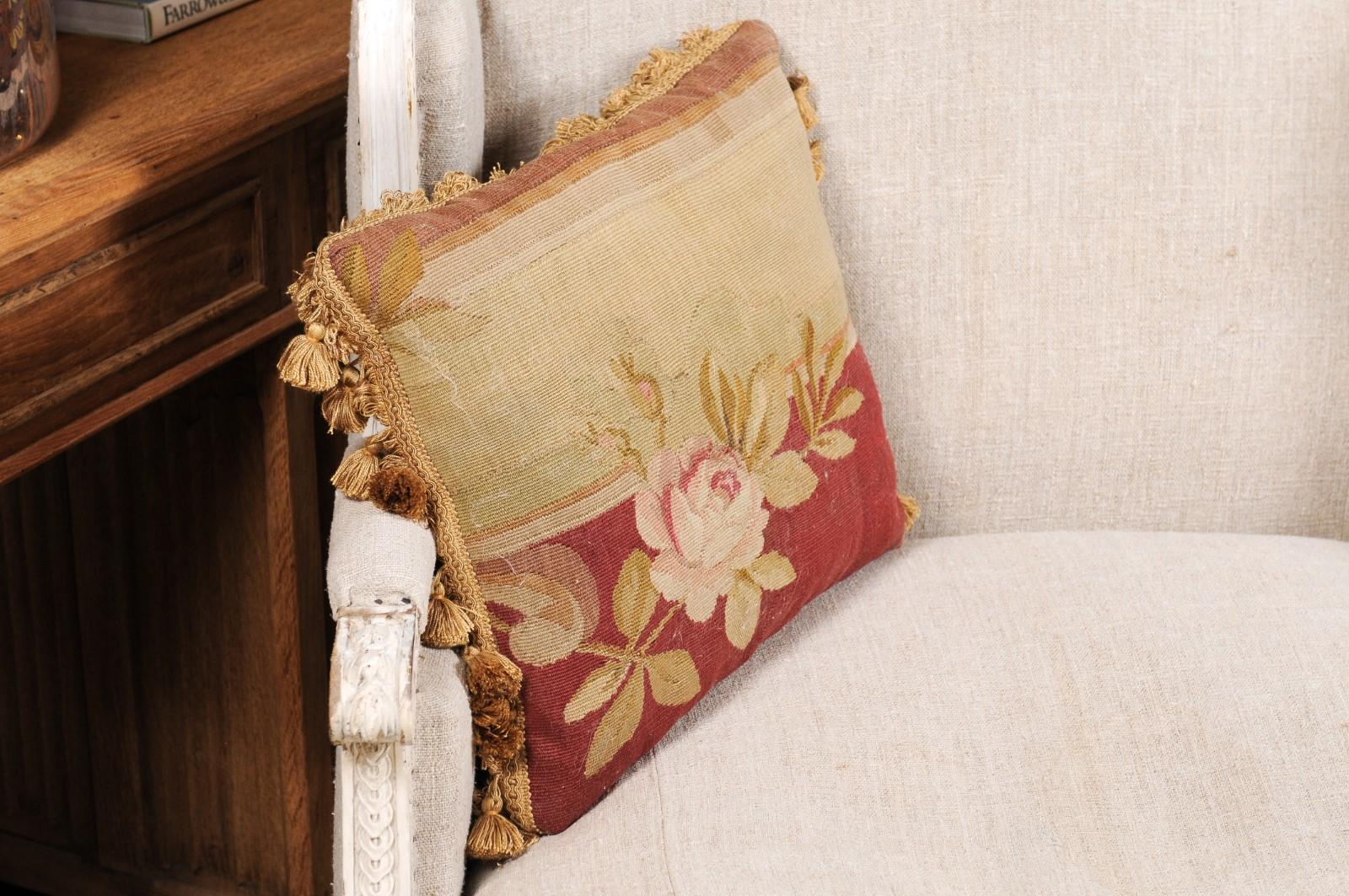 French 19th Century Aubusson Tapestry Pillow with Rose, Foliage and Tassels For Sale 2