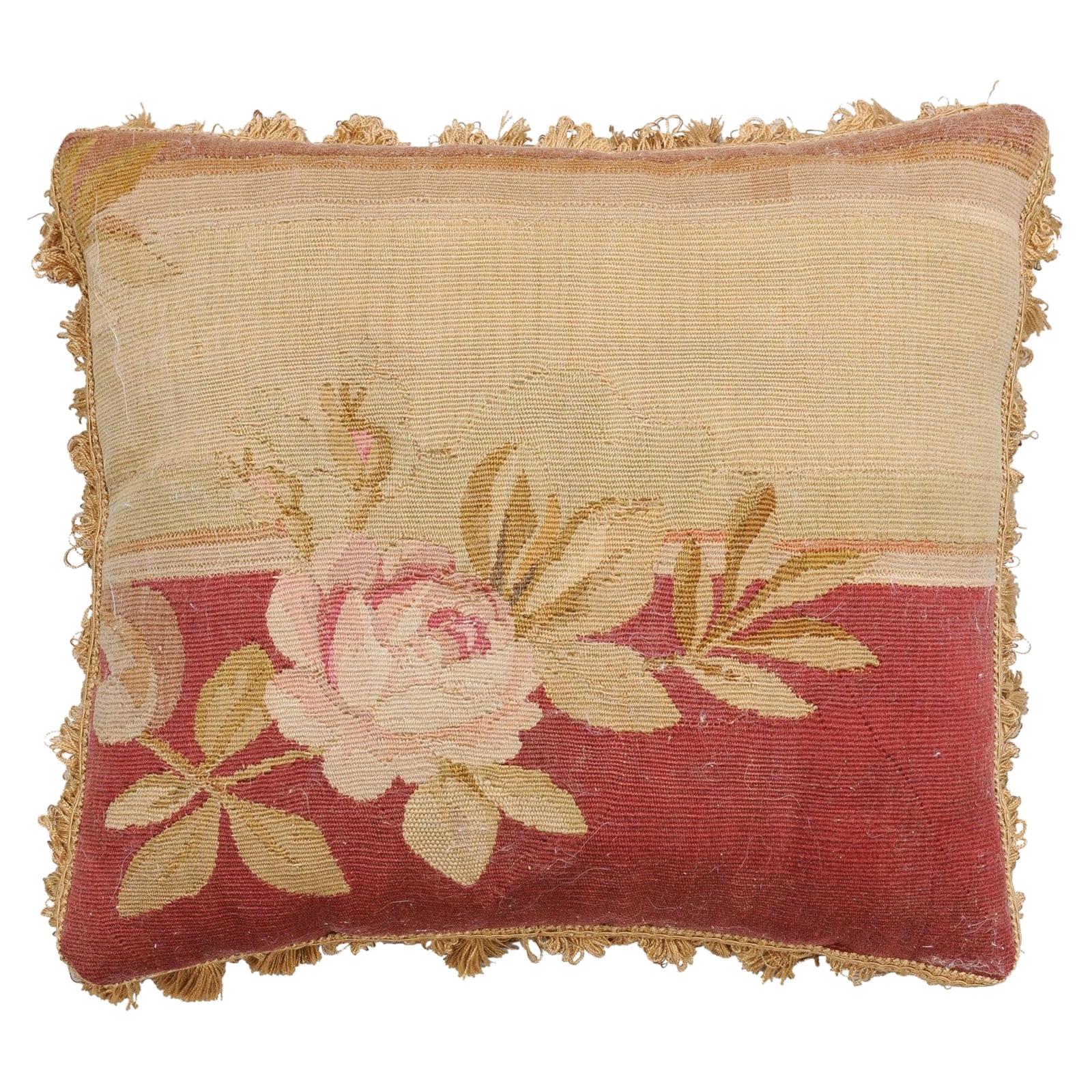 French 19th Century Aubusson Tapestry Pillow with Rose, Foliage and Tassels For Sale