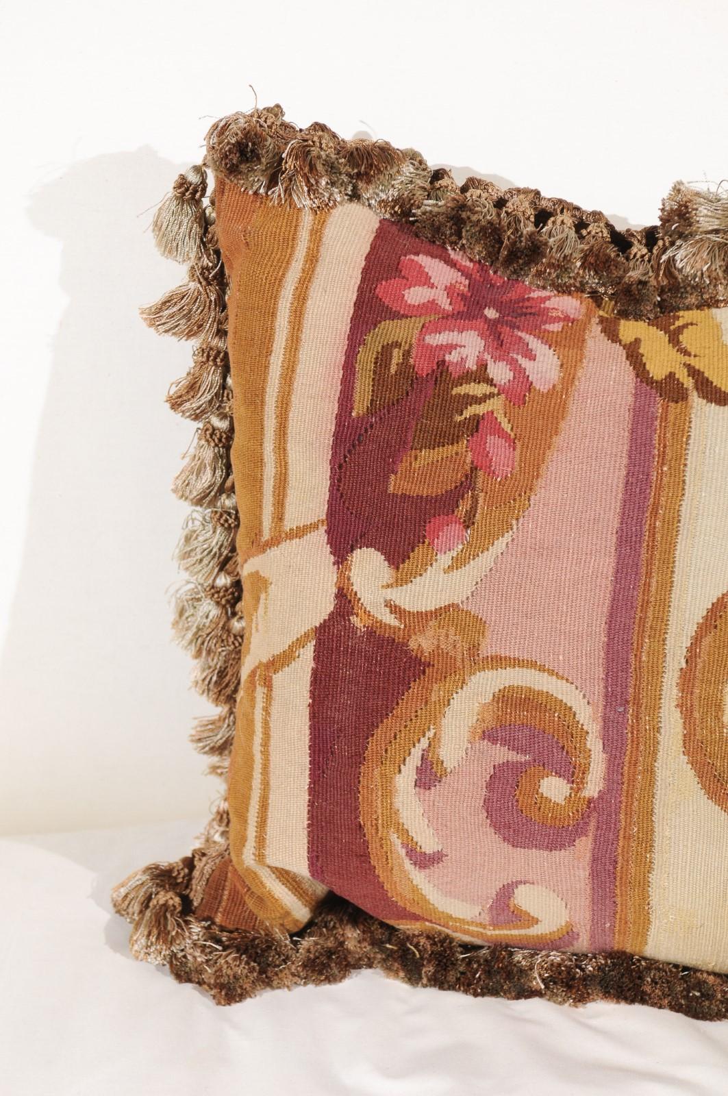 French 19th Century Aubusson Tapestry Pillow with Tassels and Floral Décor For Sale 1