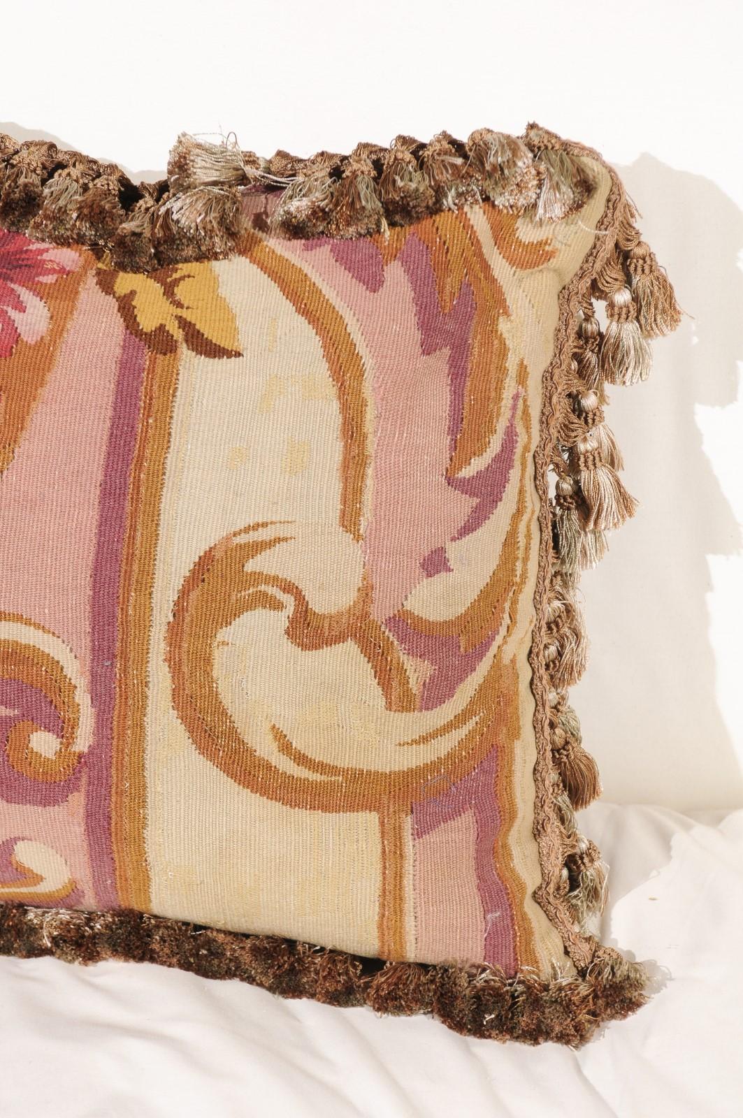 French 19th Century Aubusson Tapestry Pillow with Tassels and Floral Décor For Sale 2