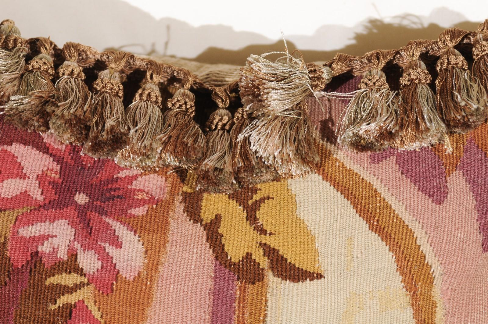 French 19th Century Aubusson Tapestry Pillow with Tassels and Floral Décor For Sale 3