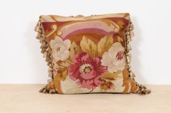 French 19th Century Aubusson Woven Tapestry Pillow with Roses Decor and Tassels