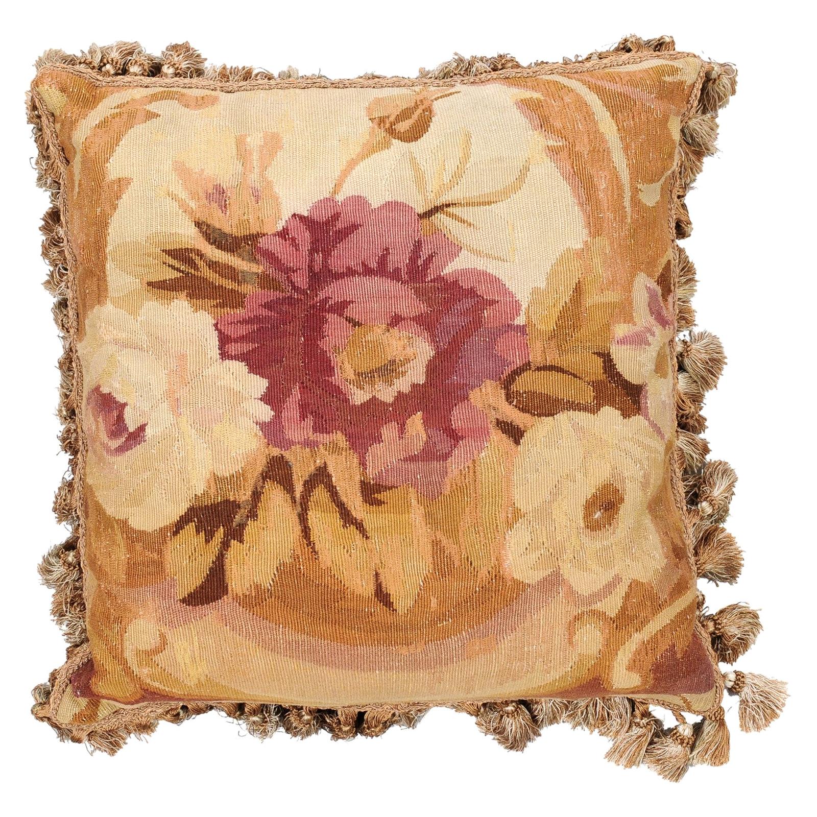 French 19th Century Aubusson Woven Tapestry Pillow with Roses Décor and Tassels For Sale