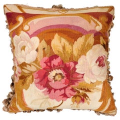 Antique French 19th Century Aubusson Woven Tapestry Pillow with Roses Decor and Tassels
