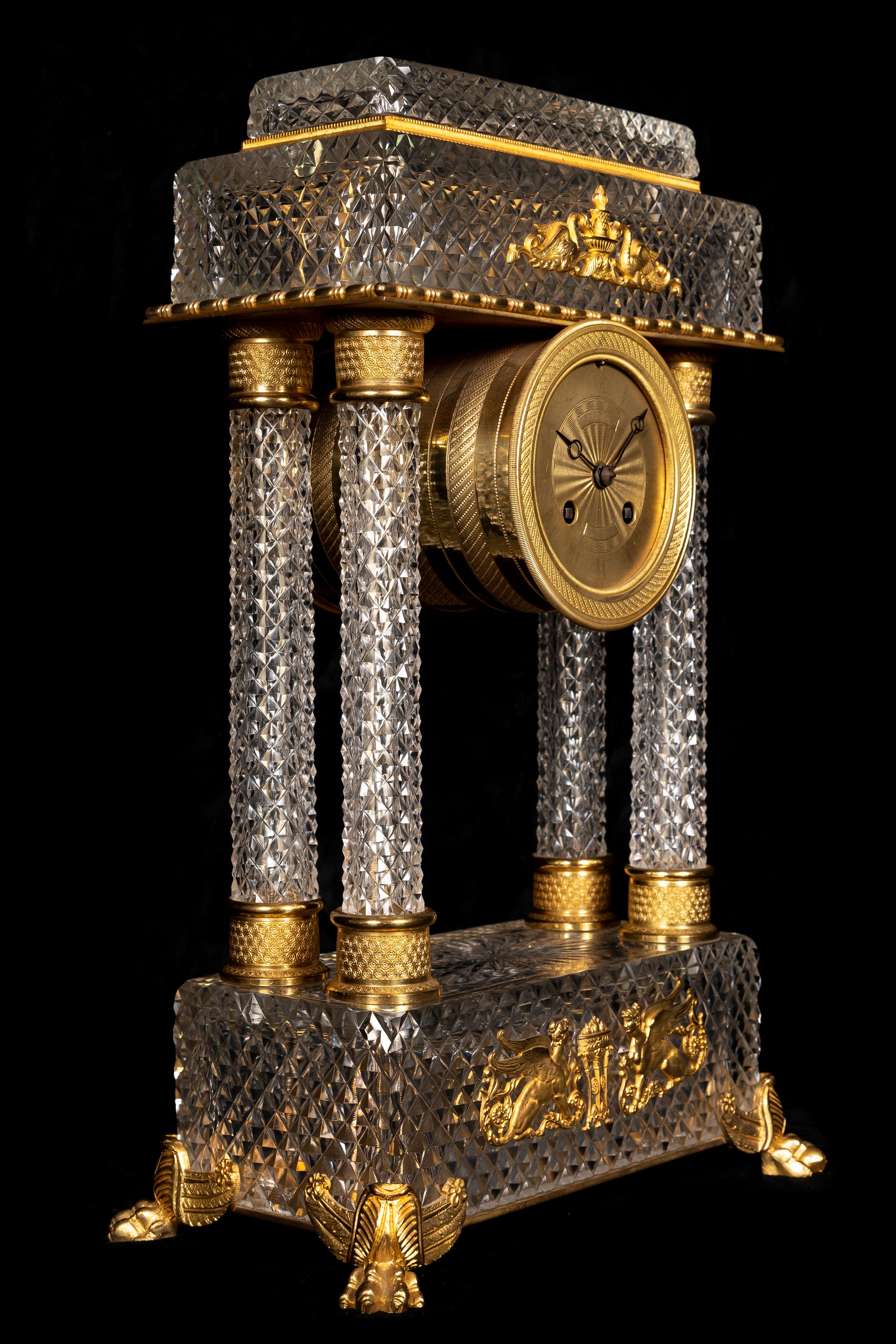 Gilt French 19th Century Baccarat Crystal and Ormolu Empire Style Mantel Clock For Sale