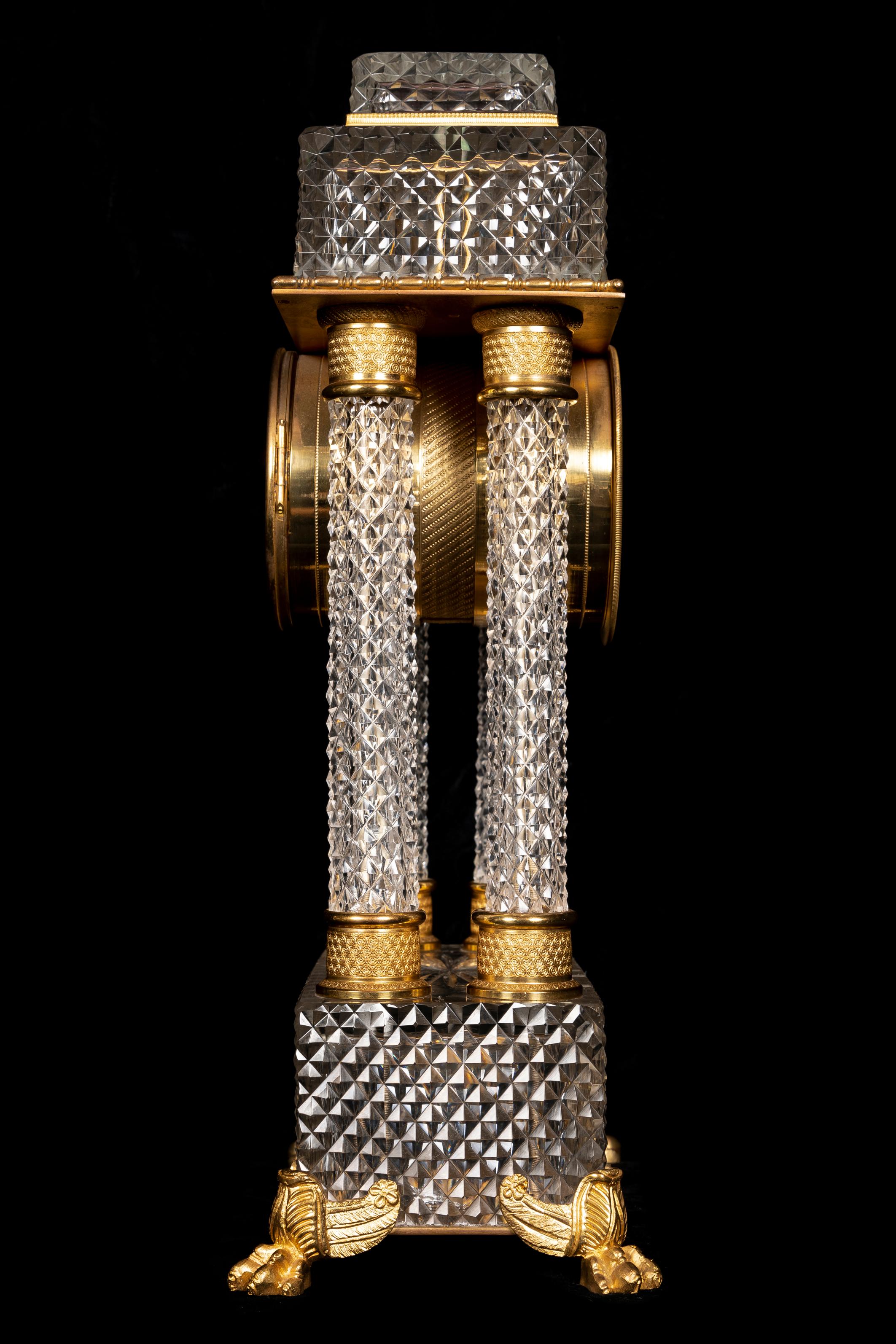 French 19th Century Baccarat Crystal and Ormolu Empire Style Mantel Clock In Good Condition For Sale In New York, NY