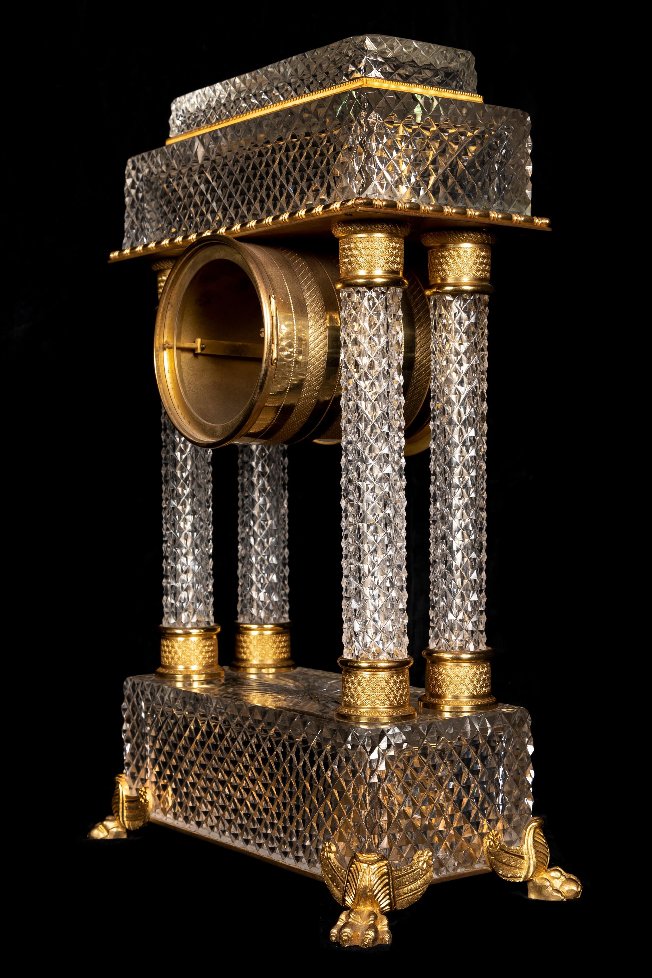 Bronze French 19th Century Baccarat Crystal and Ormolu Empire Style Mantel Clock For Sale