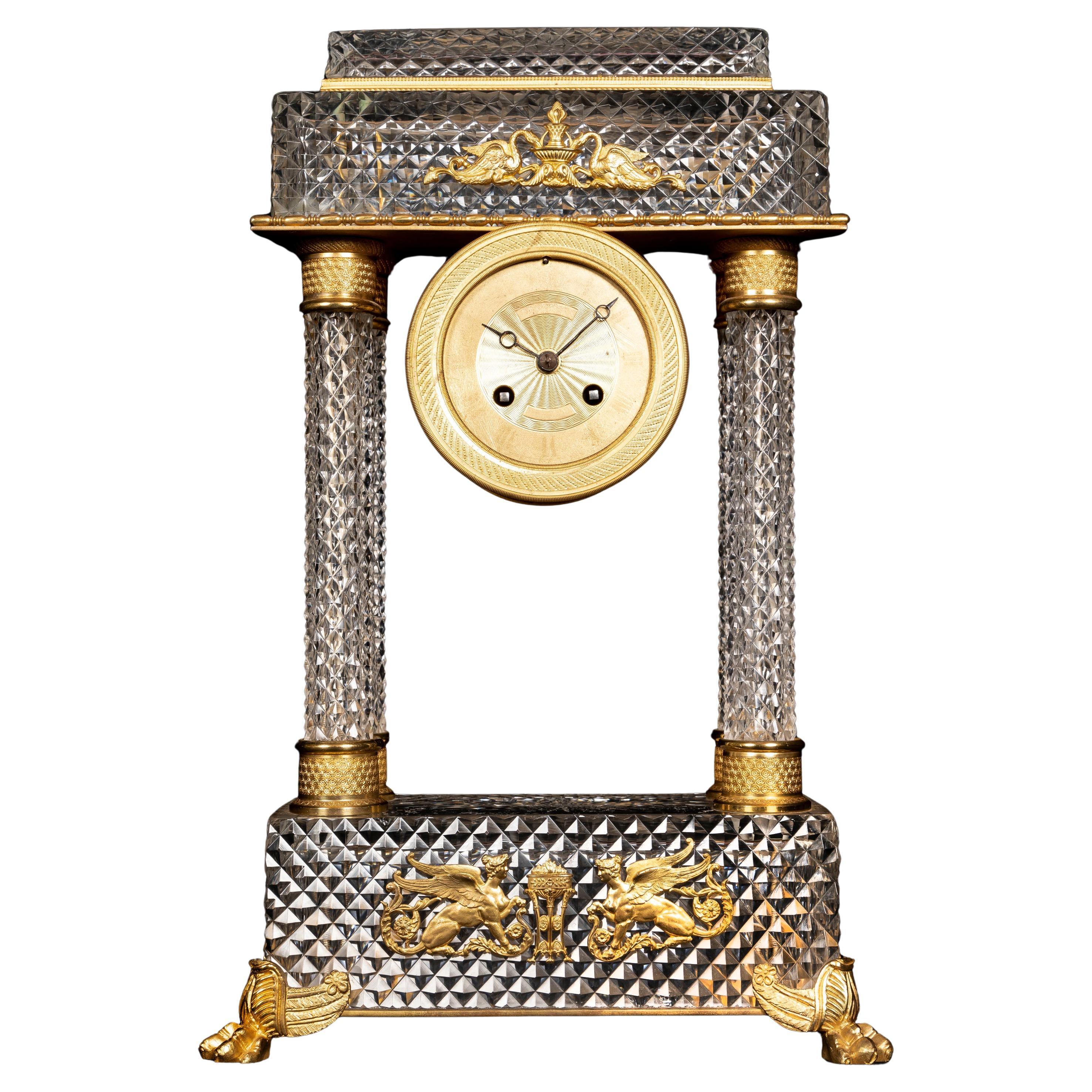 French 19th Century Baccarat Crystal and Ormolu Empire Style Mantel Clock For Sale