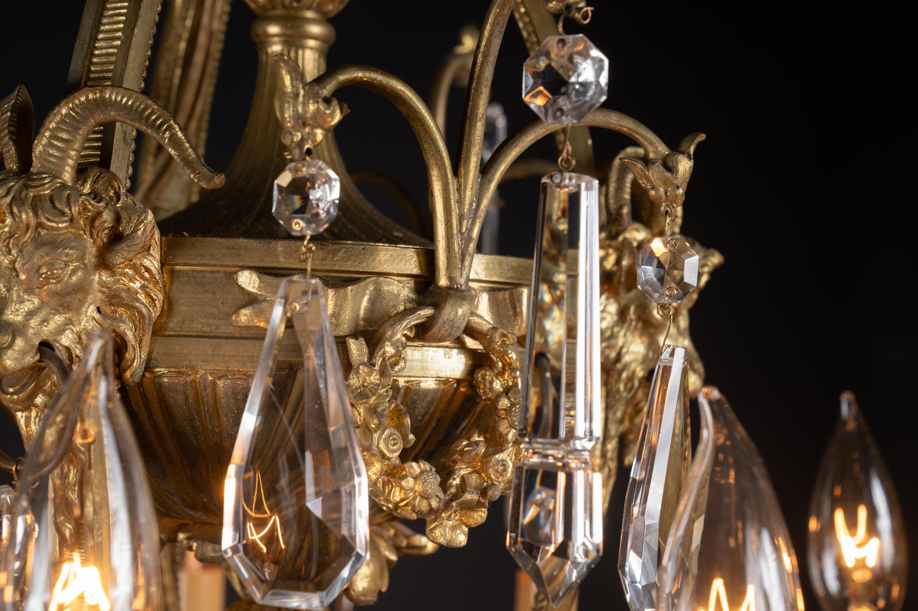 French 19th Century Baccarat Napoleon III Chandelier, Bronze d’Ore, Ram Heads For Sale 4