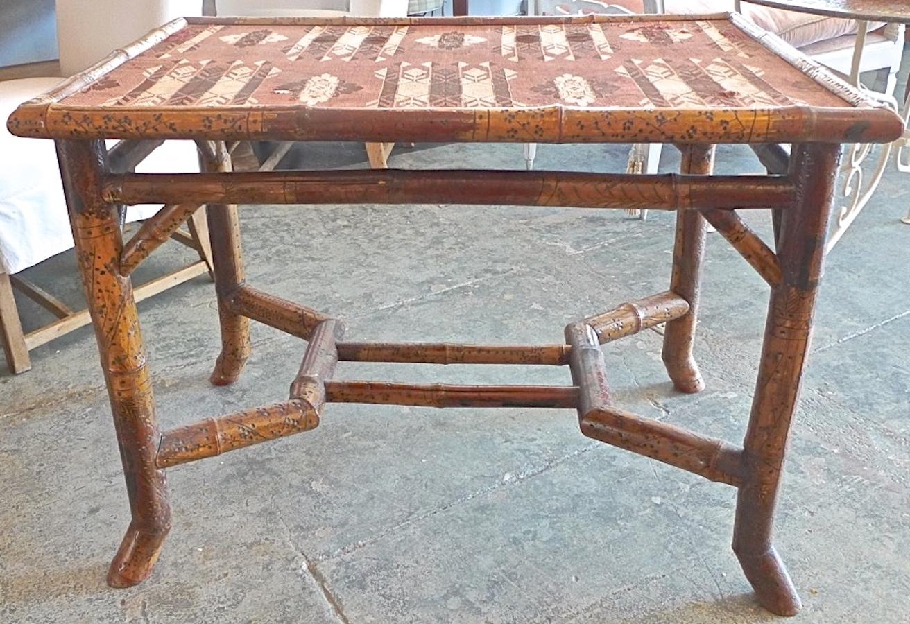 French 19th Century Bamboo and Cloth Occasional Table by Perret and Vibert In Distressed Condition In Santa Monica, CA