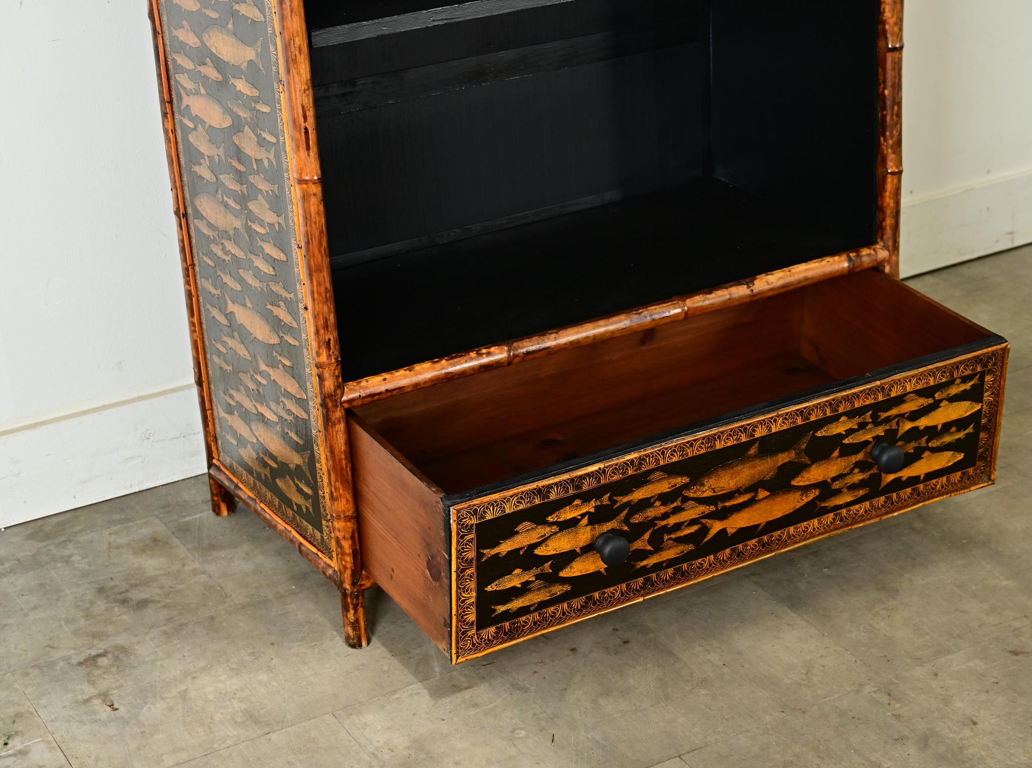 French 19th Century Bamboo & Decoupage Bookcase In Good Condition For Sale In Baton Rouge, LA