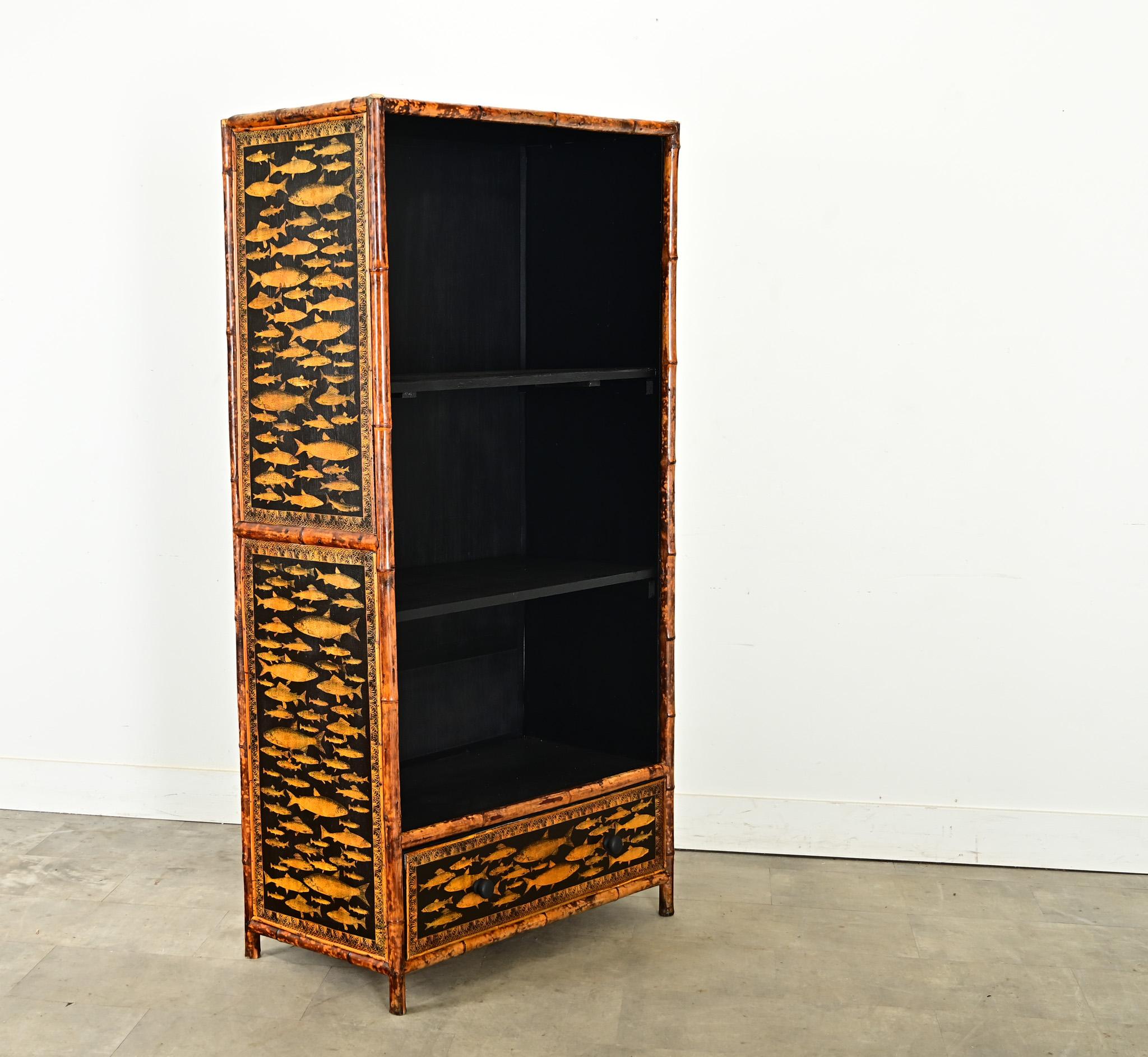 20th Century French 19th Century Bamboo & Decoupage Bookcase For Sale