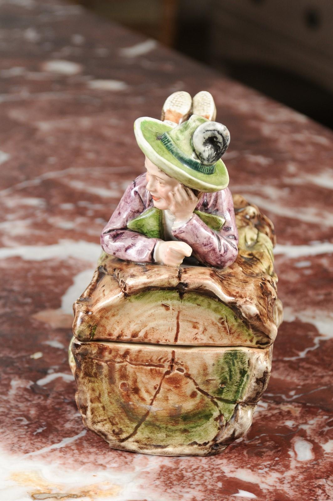 French 19th Century Barbotine Bonbon Box Depicting a Boy Laying on a Tree Trunk For Sale 6