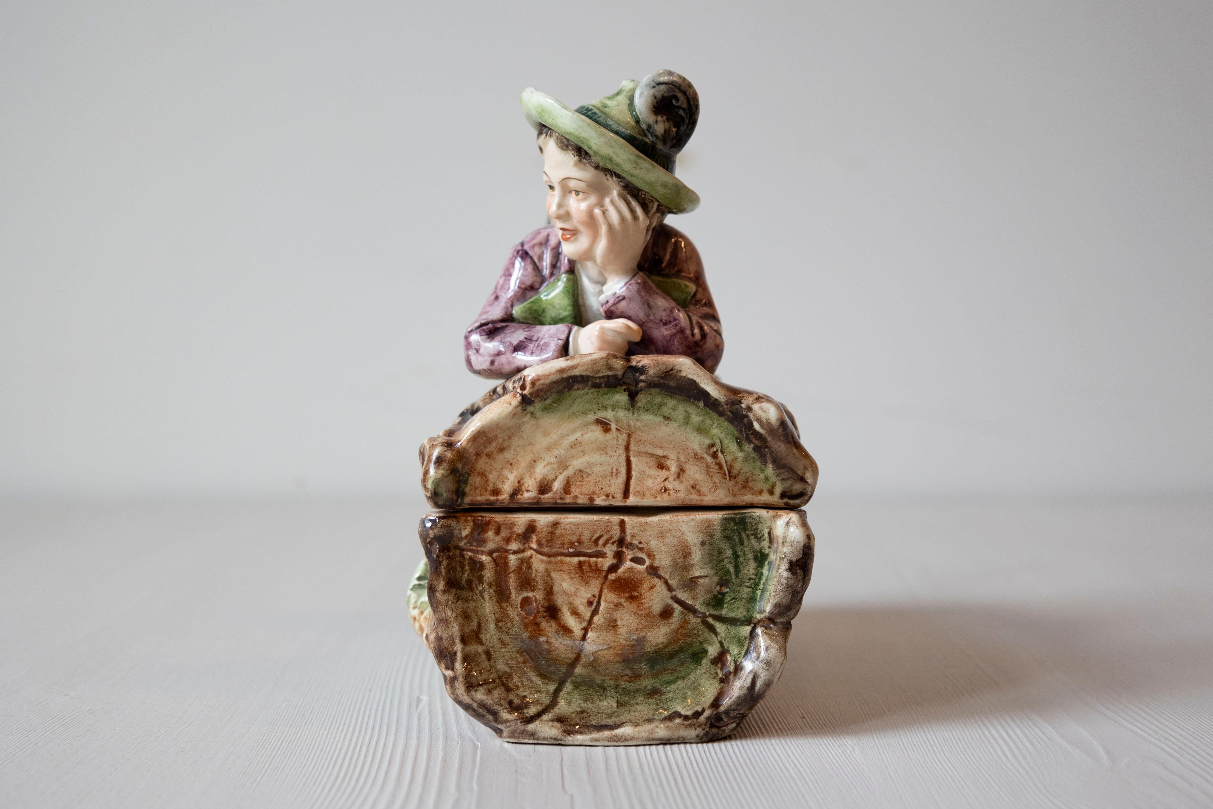 French 19th Century Barbotine Bonbon Box Depicting a Boy Laying on a Tree Trunk For Sale 2