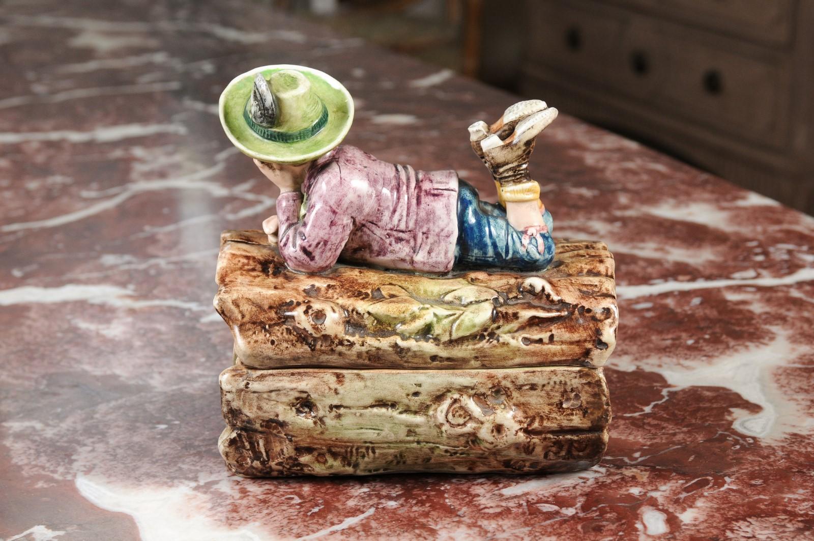 French 19th Century Barbotine Bonbon Box Depicting a Boy Laying on a Tree Trunk For Sale 5