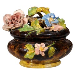 French 19th Century Barbotine Covered Bowl with Floral Décor and Bird's Nest