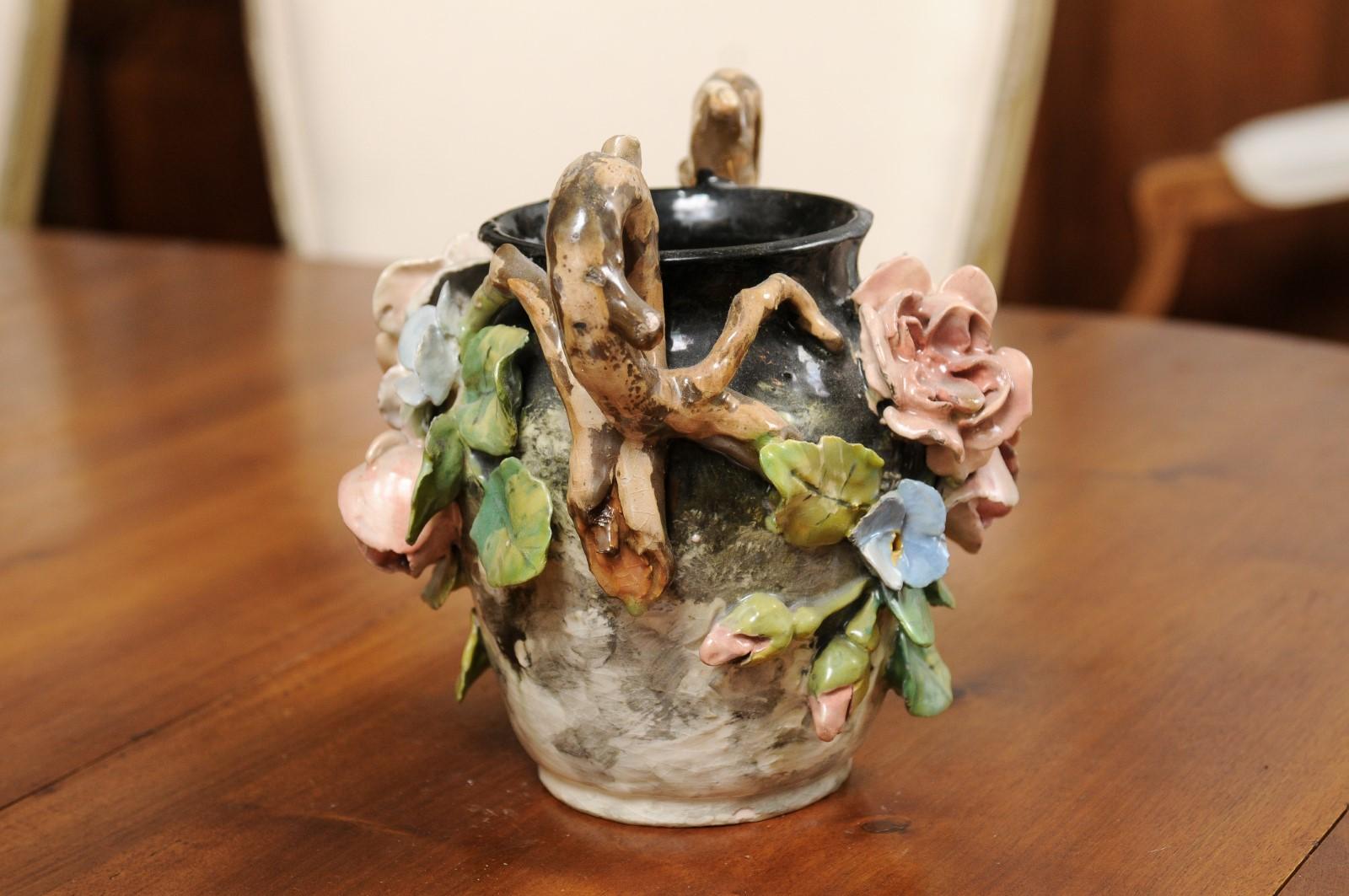 French 19th Century Barbotine Vase with High Relief Pastel Flowers and Handles 6