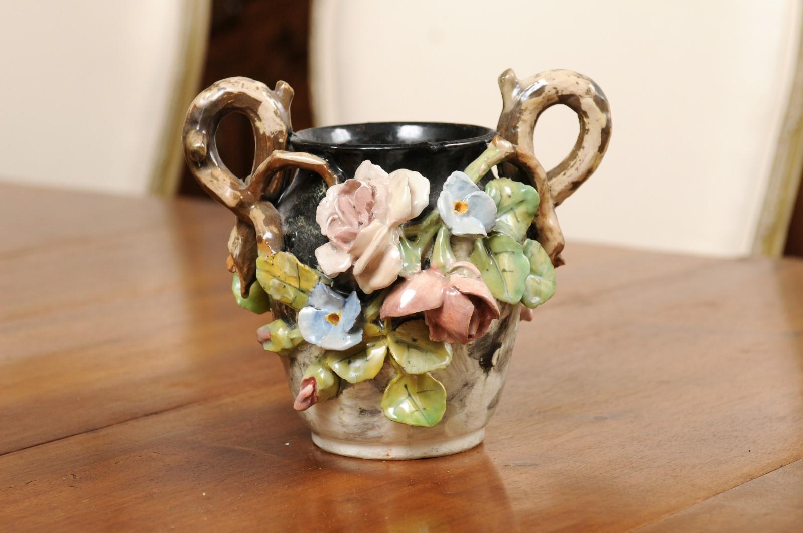 French 19th Century Barbotine Vase with High Relief Pastel Flowers and Handles In Good Condition In Atlanta, GA
