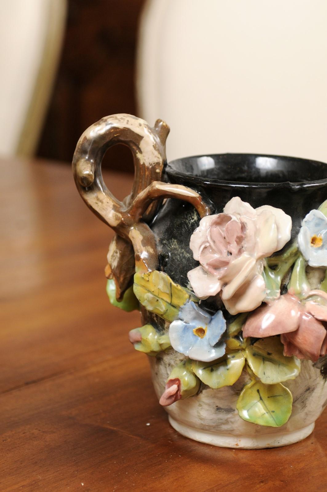 Majolica French 19th Century Barbotine Vase with High Relief Pastel Flowers and Handles