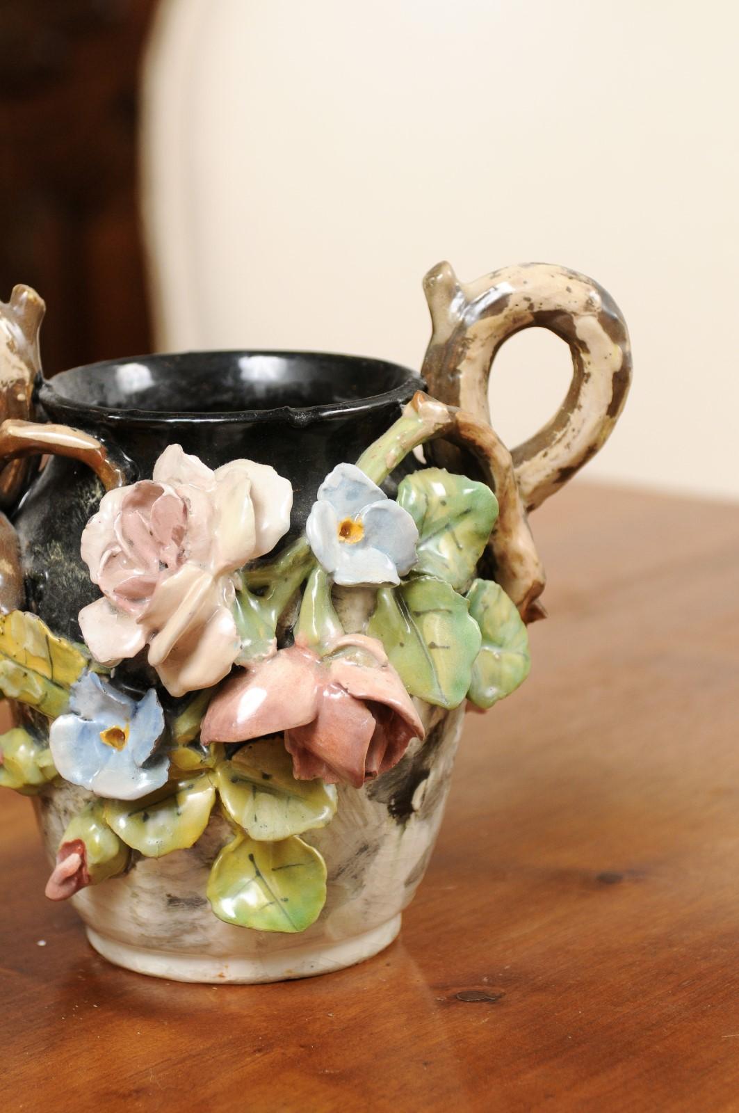 French 19th Century Barbotine Vase with High Relief Pastel Flowers and Handles 1