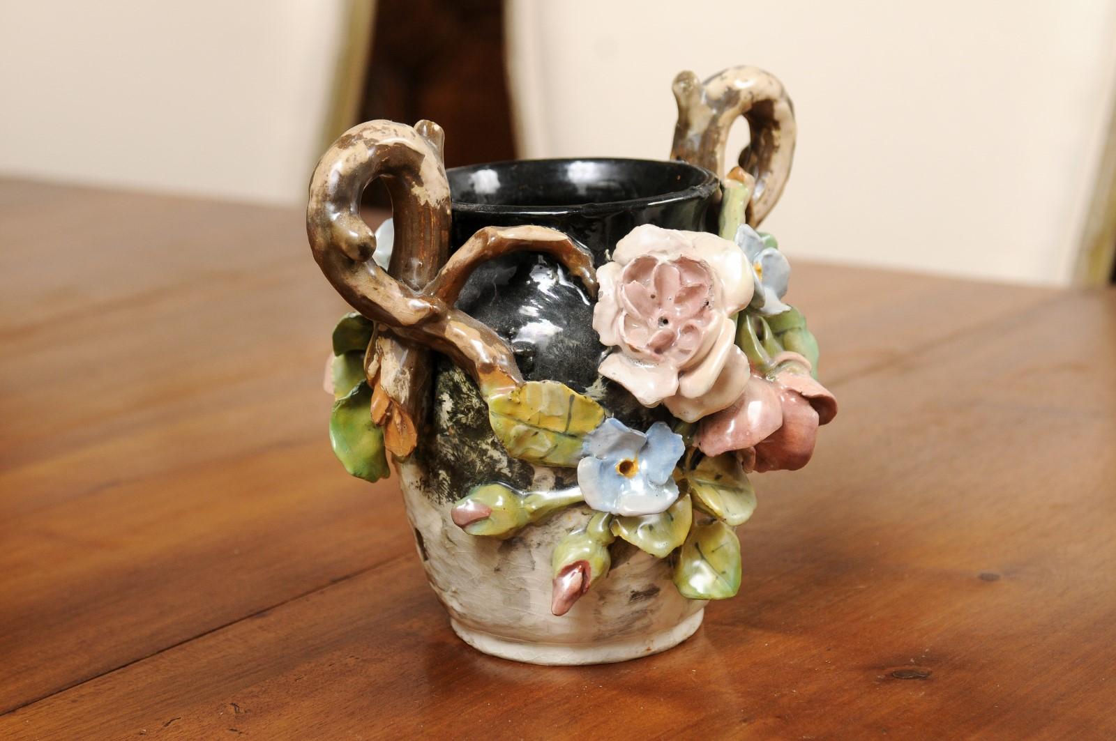 French 19th Century Barbotine Vase with High Relief Pastel Flowers and Handles 2