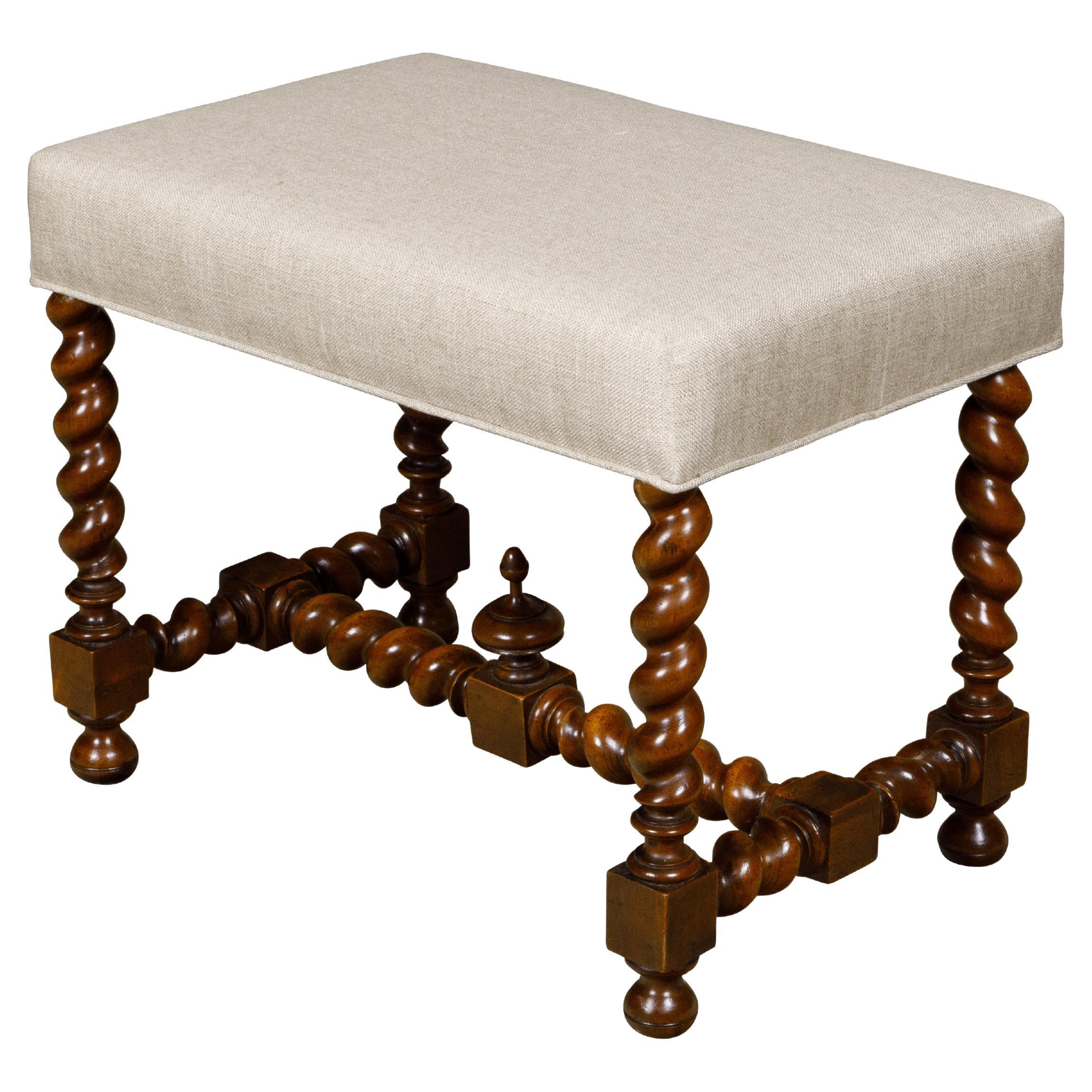 French 19th Century Barley Twist Stool with Finial and Custom Linen Upholstery