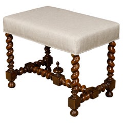 French 19th Century Barley Twist Stool with Finial and Custom Linen Upholstery
